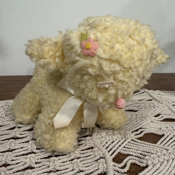 Eden Other - Vtg Eden Stuffed Lamb Rattle Lullaby Plush Standing Neck Bow Flower Eyelashes
